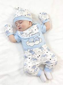 SHEIN 5pcs/Set Newborn Baby Boy Summer Outfit, Includes Cute Bear Print Knit Soft Bodysuit, All-Over Print Pants, Hat, Bib, Gloves Newborn Baby Boy Going Home Outfit Baby Boy Clothes With Bear Print Baby Unisex Clothes Sets Baby Boy Romper And Pants Set Baby Hat And Mittens Set 2pcs Newborn Baby Boy Romper With Pants - Baby Blue - View 7
