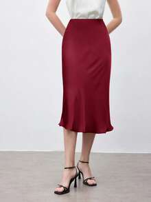 BizChic 新款酒红色缎面A字裙，优雅女士办公着装，春夏款 - 酒紅色 - 查看 3