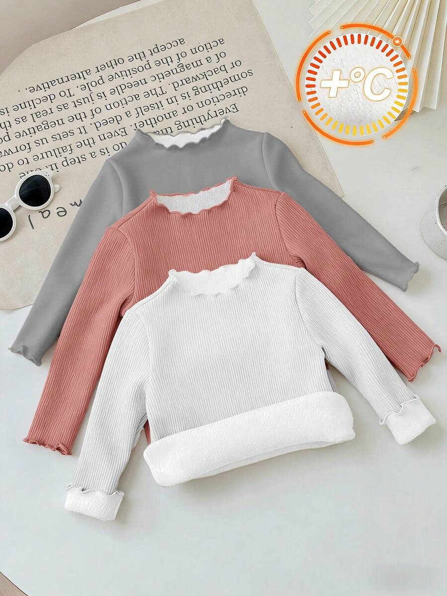 SHEIN 3件套少女修身休闲舒适漏斗领保暖长袖T恤,秋冬季 - 彩色 - 查看 1