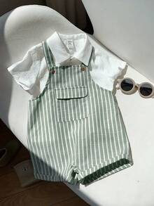 SHEIN 2件套男/女婴舒适休闲百搭可爱白色短袖衬衫和条纹背带短裤连体衣套装，适合室内、室外、日常、运动、玩耍、派对、拍照、度假，春夏皆宜。 - 綠色 - 查看 4