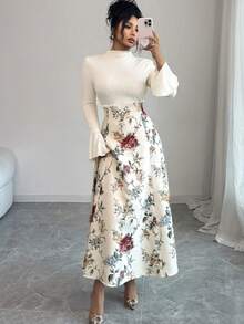 Modelyn 女士优雅印花高领连衣裙，饰有串珠，适合秋冬季穿着 - 淡黃色 - 查看 4