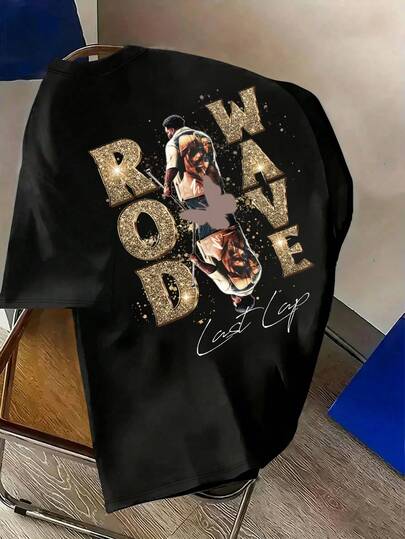 Manfinity Dauomo 男士休闲日常通勤时尚街头宽松黑色T恤，印有图案和字母