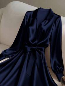 Franclia Women's Elegant Deep V-Neck Bowknot Midi Dress Navy Blue Elegant Dress Royal Blue Elegant Dress Women Long Sleeve Elegant Dress Silk Dresses Satin Dress Elegant - Navy Blue - View 3