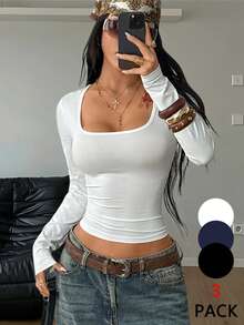 Coolane Women's Fall/Winter Streetwear Minimalist Basic Daily Wear Casual Stretchy Comfortable Contrast Piping Bustier Long Sleeve Crop T-Shirt 3pcs - Multicolor - View 3