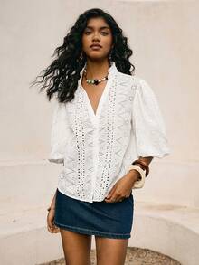 Poéselle Women's V-Neck Burnout Embroidered Fashionable Versatile Lantern Sleeve Top,White Eyelet Embroidered Puff Sleeve Blouse For Women,V Neck Summer Top, Chic French Casual Shirt,Summer Blouse - White - View 8