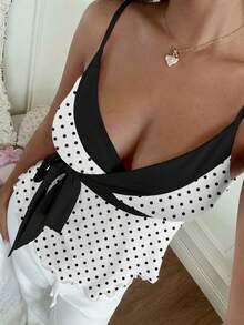 CovetEZ Women's Casual Elegant Bodycon Camisole, Women's Summer Clothing, Polka Dot Print, Bow Tie, Babydoll, Color Block,Spring Outfit Women,Summer ,Going Out Tops For Women,,Clean Girl - Multicolor - View 3