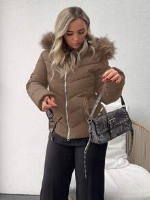 Jeta Ari Women's Solid Long Sleeve Zippered Collar Fluffy Hooded Padded Coat, Winter - Khaki - View 1