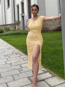 Jeta Ari 女士露肩开衩碎花连衣裙 - Butter Yellow - 查看 1