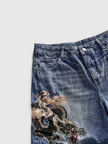 ROMWE MEN Street Life Men's Button Pocket Dragon Embroidery Pattern Fashionable Versatile Commuter Denim Shorts Spring/Summer - Dark Wash - View 4