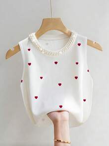 Franclia Elegant Fitted Round Neck Beaded Heart Ribbed Casual Tank Top For Women - White - View 3