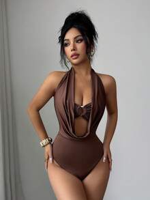 Elenzga 女士纯色垂褶领镂空连体衣 - 棕色 - 查看 4