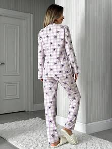 EURMUSE Women 2 Pcs Button Front With BEAR&PLAID Pattern Homewear Cute Pajama Set - Multicolor - View 2