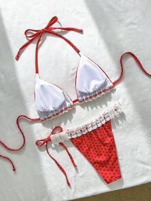 Swim Mod Conjunto de bikini de dos piezas con escote halter, adorno de encaje y lunares para mujer, ideal para playa y vacaciones en verano - Rojo - Ver 9