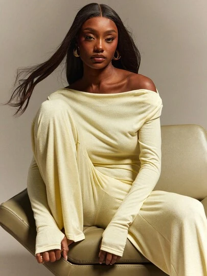 Hauture Women's Solid Color Ruched Oblique Shoulder Long Sleeve Fitted T-Shirt