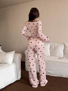 Dream Adore Polka Dot Print Long Sleeve & Pants Women Casual Pajama Set Polka Dot Pajama Set Pajama Pink
