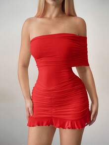 Sweetina Vestido mini asimétrico con hombros descubiertos y malla ajustada - Rojo - Ver 6