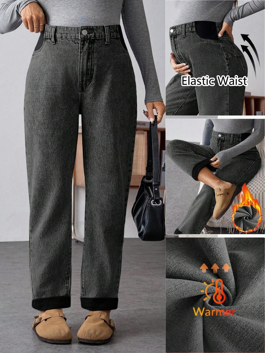 SHEIN Quần jean bầu màu trơn kiểu dáng thường ngày - màu đen - Xem 1