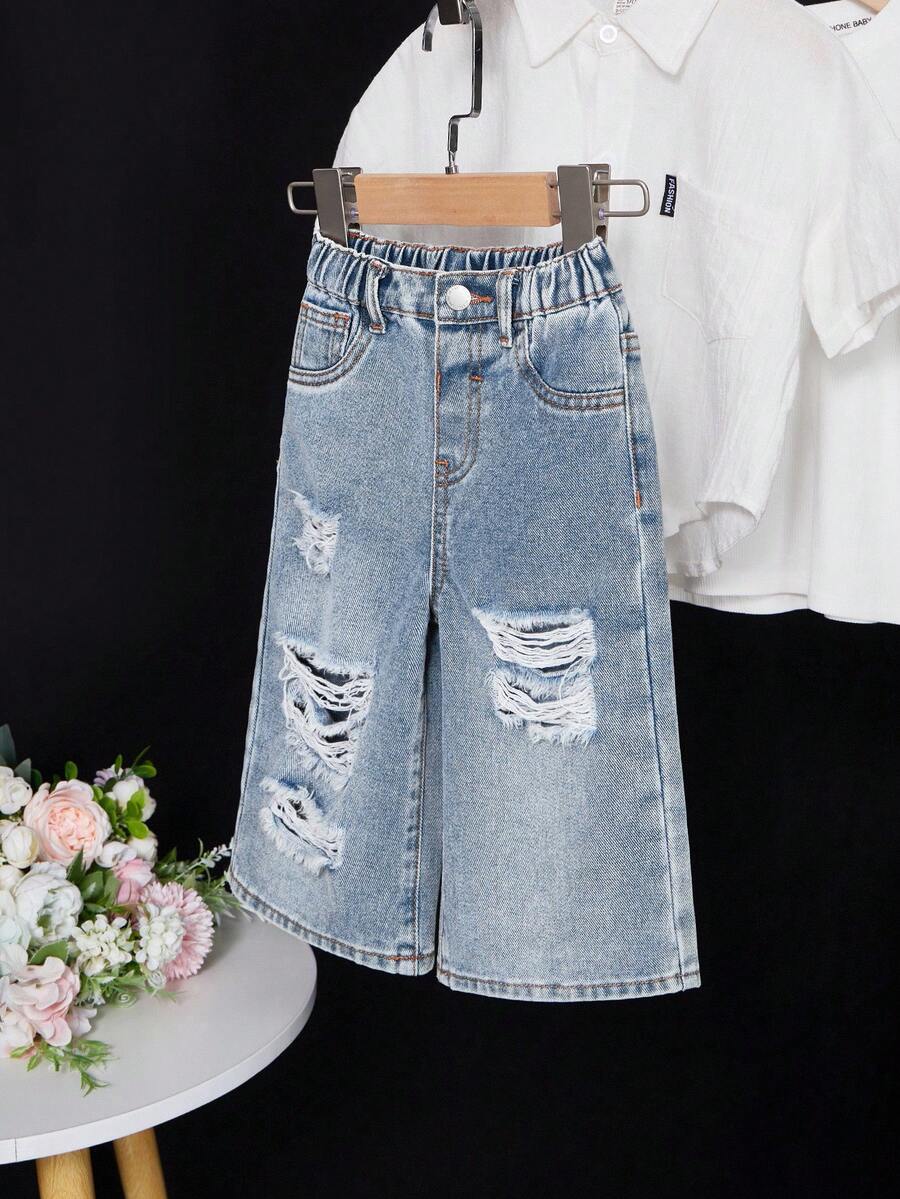 SHEIN Baby GirlBlue Denim Loose Ripped Jeans - Light Wash - View 1
