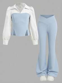 SHEIN 2pcs Tween Girls Crew Neck Contrast Trim Long Sleeve Top And Straight Leg Casual Pants Set, Suitable For Dates, Parties, Back To School, Autumn/Winter - Baby Blue - View 7