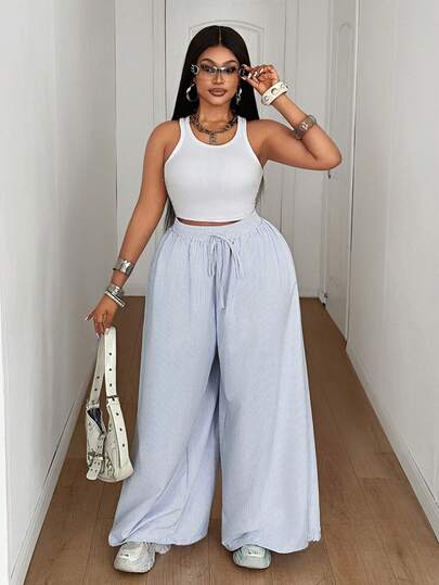 Maweii Plus Size Fashionable Striped Loose Casual Wide Leg Pants