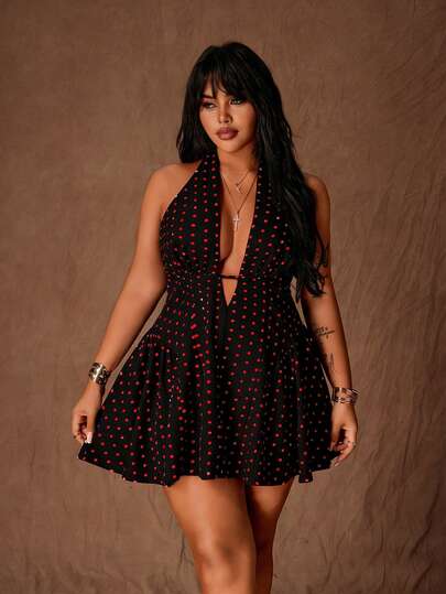 Rustia Plus Size Women's Polka Dot Halter Tie Sexy A-Line Mini Dress