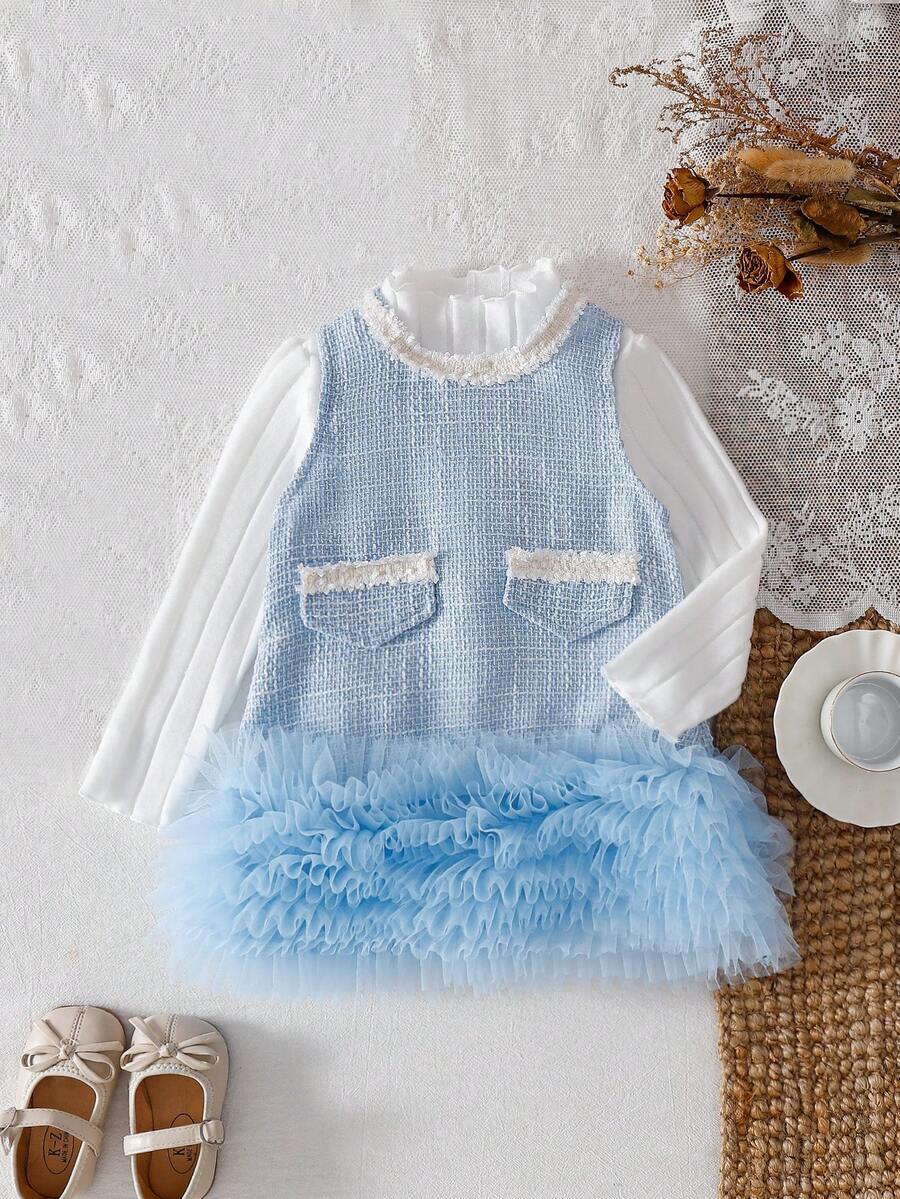 SHEIN Elladie kids 2 件套女婴秋冬校服套装，3 个月 - 3 岁，包括：1 件蓝色优雅甜美多层荷叶边网眼蛋糕裙，1 件米色修身罗纹高领长袖上衣 - 藍色 - 查看 1