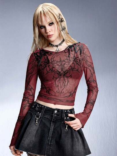 Grunge Punk Y3K Cybersigilismus Muster Mesh transparentes figurbetontes Top