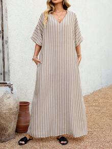 EMERY ROSE 女士V领条纹印花斜插口袋休闲连衣裙 - 彩色 - 查看 4
