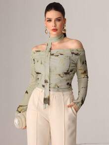 Modelyn Autumn Knitted Sexy Sheer Mesh Ribbon Print T-Shirt - Green - View 6