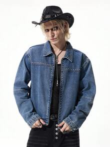 ROMWE MEN Street Life Men's Casual Rivet Zipper Front Drop Shoulder Denim Jacket - Blue - View 6