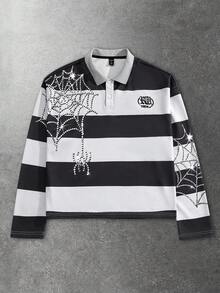 ROMWE MEN Street Life Men's Retro Virgin Mary Striped English Graphic Print Streetwear American Style Pullover Pullover Sweatshirt