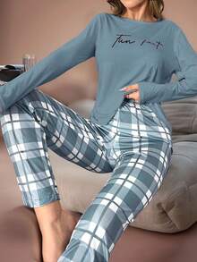 Lazeform 字母印花长袖上衣和格子裤睡衣套装，舒适优雅，秋冬服装