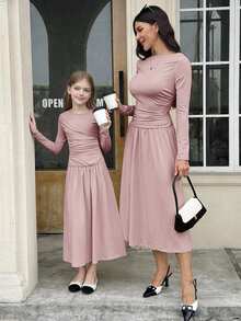 SHEIN Serisse Kids 少女纯色褶皱长袖长连衣裙，休闲日常秋冬优雅连衣裙 - 藕粉色 - 查看 8
