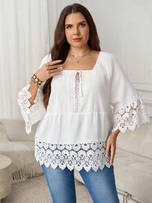 SHEIN LUNE Blouse élégante à bordure en dentelle de couleur unie, respirante et confortable. Élégante pour la Saint-Valentin - Blanc - Voir 6