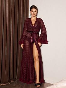 Slumberist 3D Floral Decor Jacquard Mesh Extra Long Women Robe Floor Length Robe Mesh Robe - Maroon - View 6