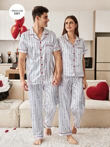 CoupledUp Elegant Gentleman Heart & Letter Print Faux Silk Lapel Men's Pajama Set - White - View 4