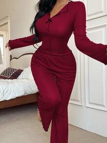 SHEIN Women's Red Contrast Trim Fitted Long Sleeve & Pants Pajama Set, Spring/Summer