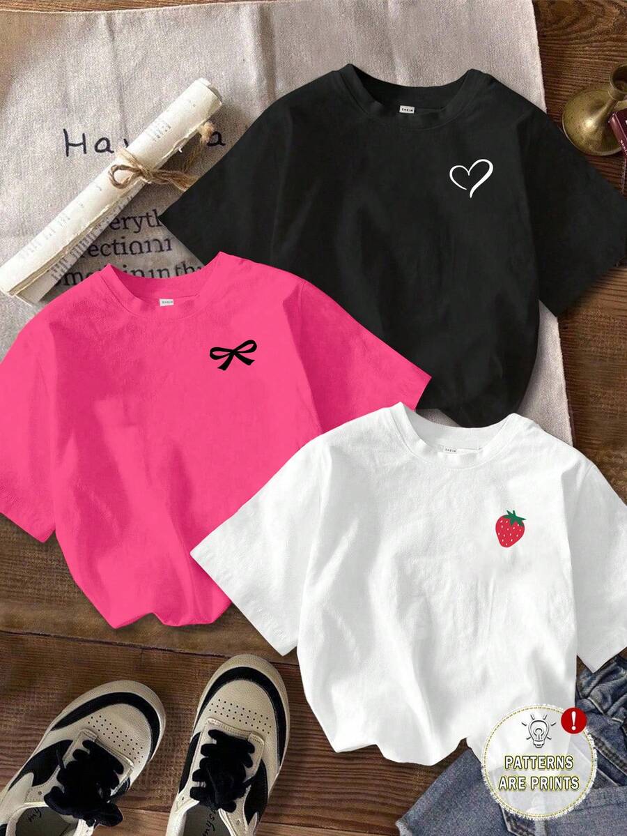 Divinelle 3件套休闲简约爱心、蝴蝶结、草莓图案圆领短袖露脐女式T恤 - 彩色 - 查看 1
