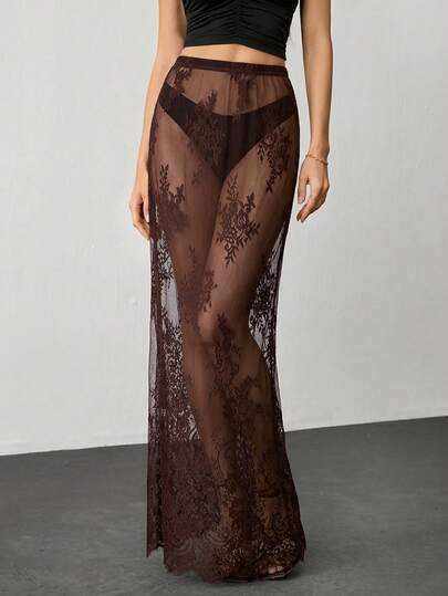 SHEIN Tall Y2K Women's Black Summer Fashion Sexy See-Through Lace Extra Long Versatile Skirt Sheer Outfits For Women See Through Skirt Lace Maxi Skirt See Through Outfits For Women Mesh Maxi Skirt Sheer Maxi Skirt Lace Skirt Embroidered Maxi Skirt