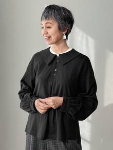 FRIFUL 女士休闲宽松纯色长袖T恤，日常百搭 - 黑色 - 查看 5