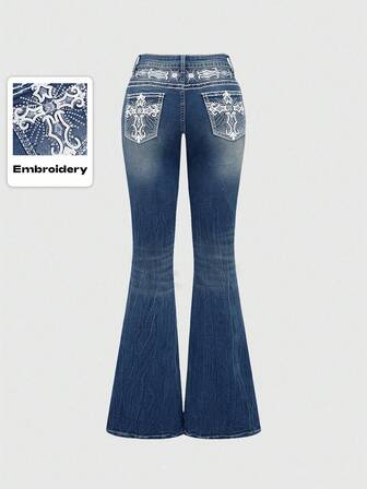 Grunge Punk Jeans da donna a vita alta con tasche, ricamo a croce e ali, aderenti con gamba a zampa, in stile retrò Y2K