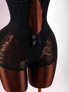 Amplova Y2K 女士镂空蝴蝶结装饰蕾丝性感吊带连体衣女式连体衣性感网纱紧身衣夏季度假装情人节度假装女式夏季 - 黑色 - 查看 7