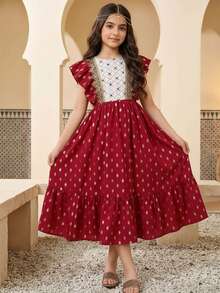 SHEIN Robe ronde de luxe à pois dorés pour préadolescentes, printemps/été, avec dentelle dorée délicate et volants en patchwork floral. Convient pour les mariages, les galas de gala et les événements culturels - Rouge - Voir 8