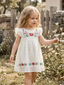 Vintaside Kids Baby Girls Casual Floral Embroidery Dress, Summer Baby Girl Sleeveless Floral Print Casual Dress Baby Flower Dress Summer Elegant Baby Dress Baby Vintage Dress Baby Girl Romper - White - View 5