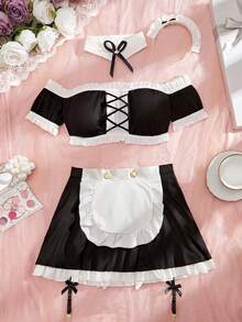Fantasy Costume Fantasy Costume 5件組黑色夏季性感夜店風內衣套裝，含髮箍、露肩上衣、蝴蝶結露背圍裙、迷你裙與鈴鐺Cosplay套裝 - 黑與白 - 查看 3