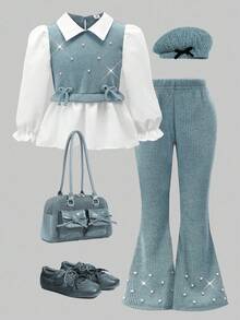女童休闲衬衫套装，卡其色蝴蝶结设计，串珠针织罗纹面料，白色长袖荷叶边衬衫上衣搭配卡其色珍珠喇叭裤，两件套，适合返校、休闲、时尚、甜美、舒适，也适合户外旅行。 - 藍色 - 查看 3