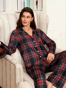 Lazeform Doze Lane Women's Casual Plaid Print Lapel Button-Front Long Sleeve Top & Pannts Pajama Set, Cozy And Elegant Details, Fall Clothes Ladies Nightsuit Lounge Sets, Sleepwear Women Lounge Wear Sets, Women Sleepwear Pajama Sets Winter, Christmas - Multicolor - View 7