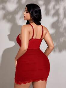 Viva Relle Plus Size Women's Spring/Summer Lace Sexy Hollow Out Bandage Front Avant-Garde French Casual Young Chic Fashion Elastic Knit Versatile Comfortable Undershirt Dress, Red, Sexy, Formal, Party, Young, Elegant, Sexy Top, Sexy Jumpsuit, Sexy Bra, Slim Fit, Transparent, Off Shoulder, Solid Color - Burgundy - View 2