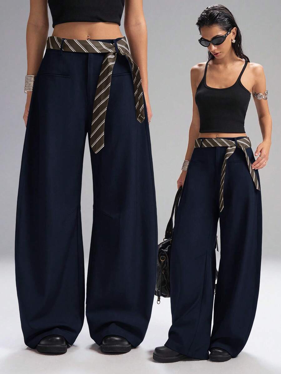 SHEIN EZwear Pantaloni palazzo larghi di colore unito alla moda, adatti per l'abbigliamento da pendolare, per donne in autunno/inverno in taglie comode - Blu Navy - Visualizzare 1