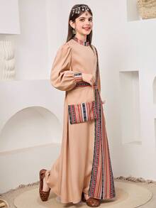 SHEIN 少女米色條紋不對稱拼接洋裝，秋季端莊婚禮賓客少女長袍 Abaya Thobes - 彩色 - 查看 10